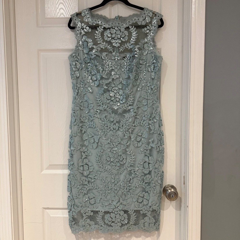 Tadashi Shoji Blue Sequin Lace Cocktail Sheath Dress USA Made Holiday Party